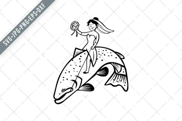 Bride Fisherman Riding Steelhead Trout: A Whimsical Cartoon Design for Creatives