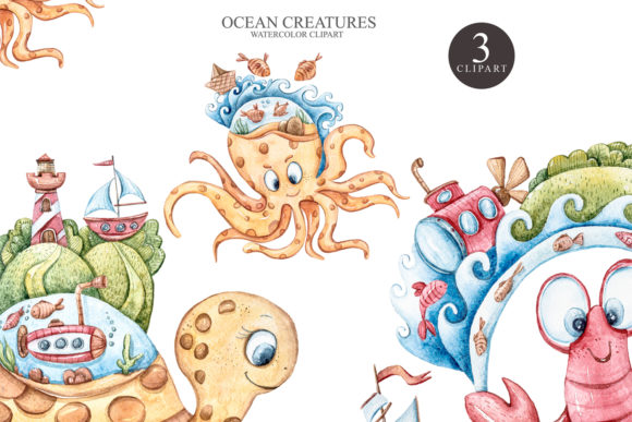 Fantasy Watercolor Underwater Clipart Collection