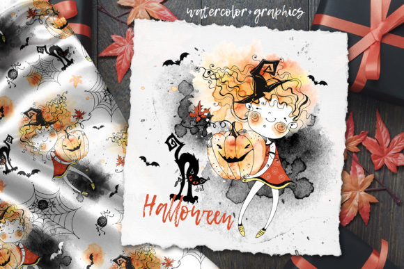 Happy Halloween Doodle Graphics with Watercolor Charm