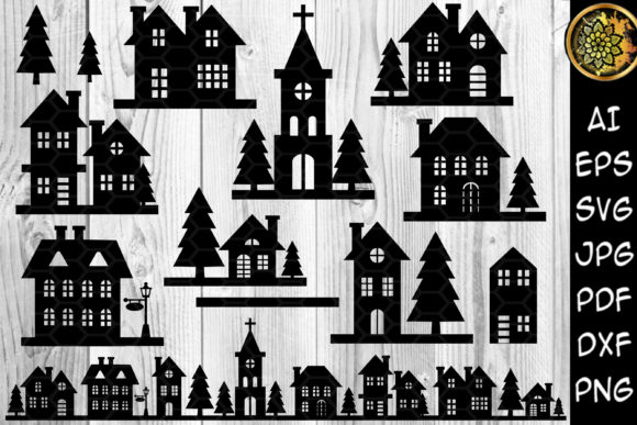 Night Buildings Christmas Silhouette Set: Transform Your DIY Projects with Festive Urban Scenes