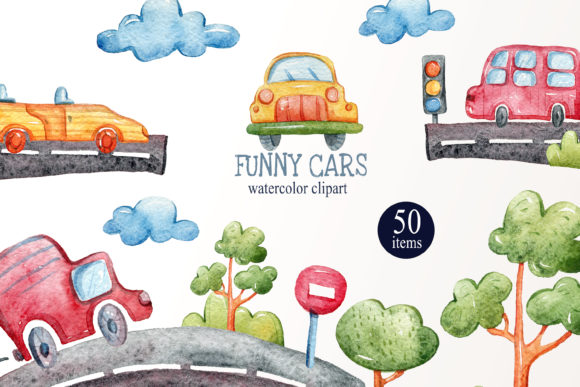 Watercolor Funny Cars Clipart Collection for Creative Projects